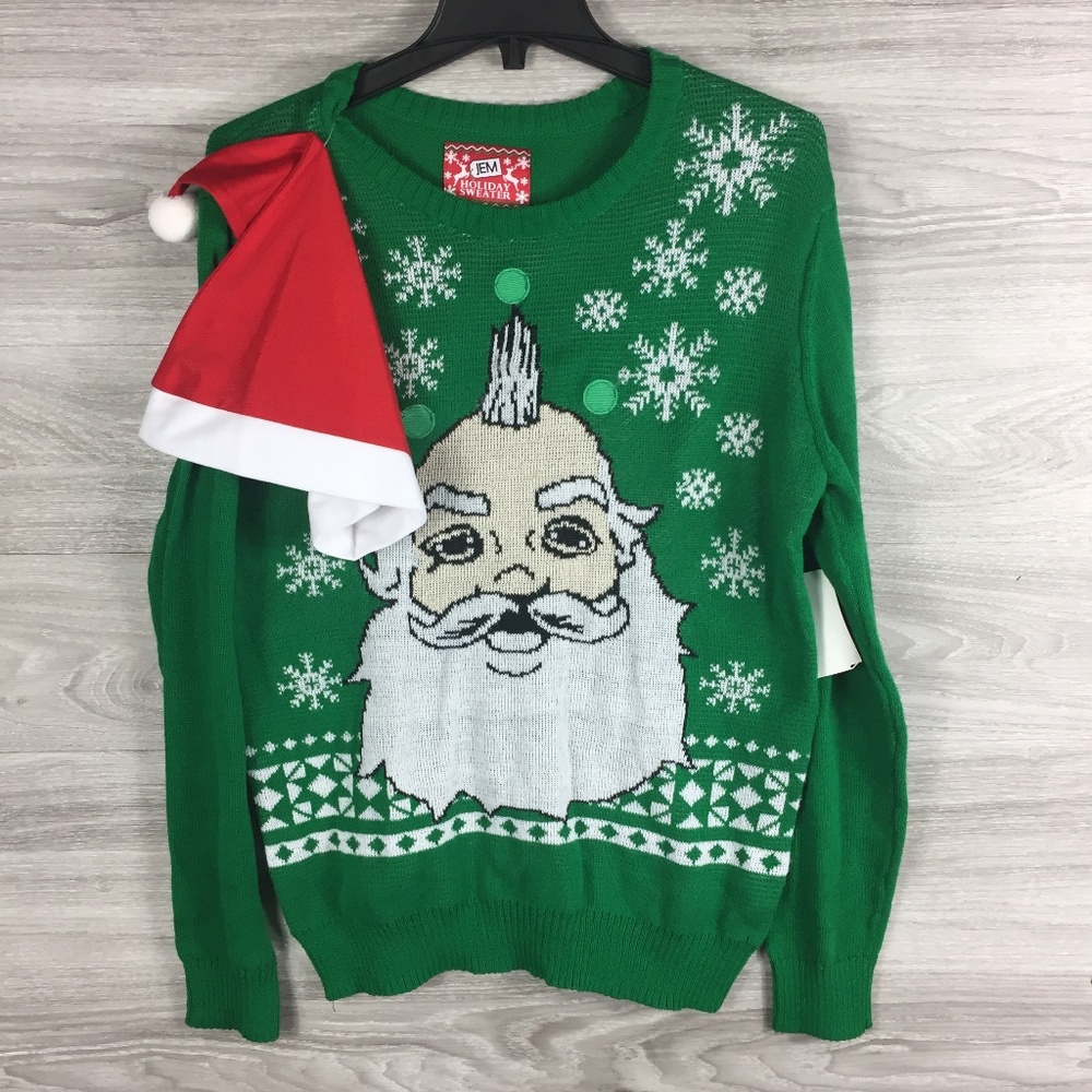 JEM Ugly Christmas Santa Claus Sweater W/ Hat